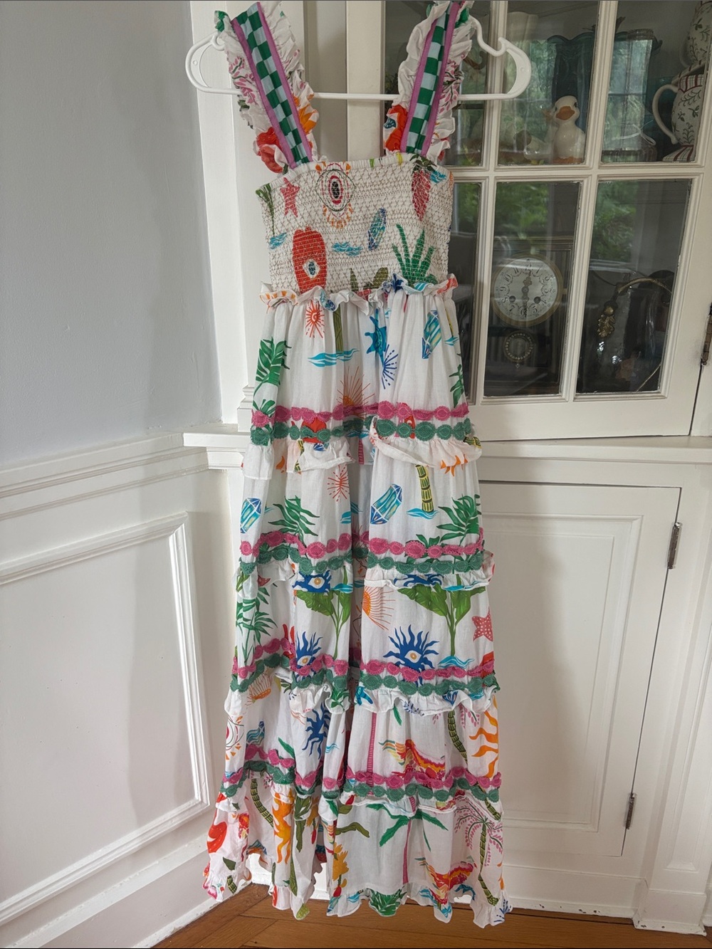 White Tiered Ruffle Maxi Dress with Colorful Tropical Print- Sohana /Bohemian